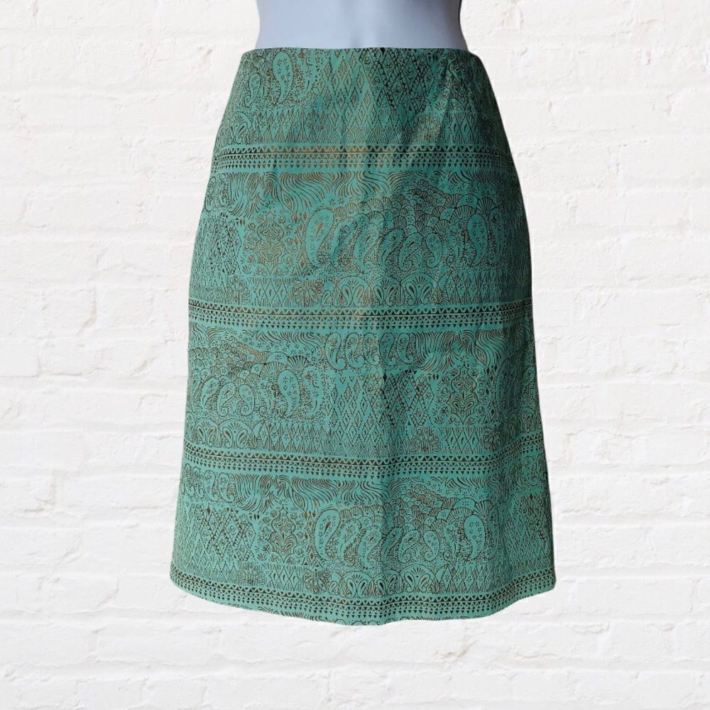 J. Crew Teal Paisley-Print A-Line Skirt with Brown Motif